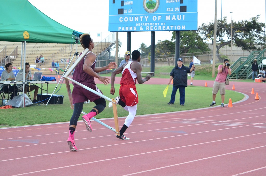 This 11-shot sequence by photographer Glen Pascual shows Baldwin High School's La'akea Kahoohanohano-Davis' attempt to push down the last hurdle in the 110-meter high hurdle race Saturday in the finals of the Victorino Ohana Invitational. But instead of going to the ground, the hurdle bounces back up and wraps itself around Kahoohanohano-Davis as he tries to finish the race. Photo by Glen Pascual.