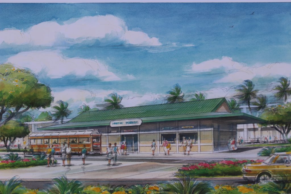 Passenger Tram Station looking toward terminal. Project renderings of the Kahului Airport Consolidated Rent-A-Car facility. Photo by Wendy Osher. (4.15.16)
