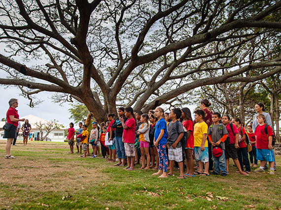 A celebration assembly was held Friday, April 8, at Kaunakakai Elementary to mark the completion of a hybrid solar air conditioning installation project. 33 units were installed in 18 classrooms. Photo credit: Hawaiʻi Department of Education.