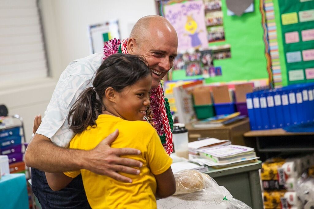 A celebration assembly was held Friday, April 8, at Kaunakakai Elementary to mark the completion of a hybrid solar air conditioning installation project. 33 units were installed in 18 classrooms. Photo credit: Hawaiʻi Department of Education.