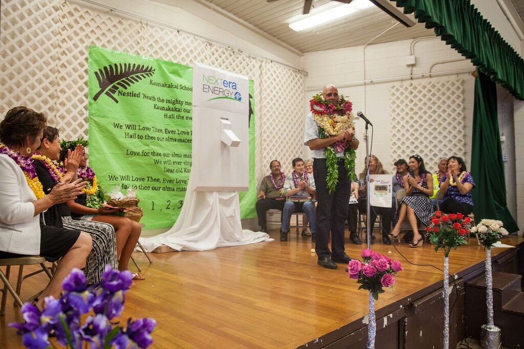 A celebration assembly was held Friday, April 8, at Kaunakakai Elementary to mark the completion of a hybrid solar air conditioning installation project. 33 units were installed in 18 classrooms. Photo credit: Hawaiʻi Department of Education.