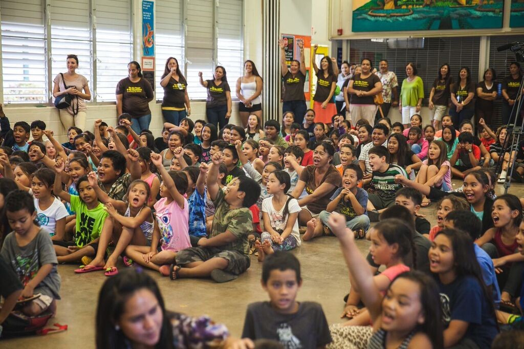 A celebration assembly was held Friday, April 8, at Kaunakakai Elementary to mark the completion of a hybrid solar air conditioning installation project. 33 units were installed in 18 classrooms. Photo credit: Hawaiʻi Department of Education.