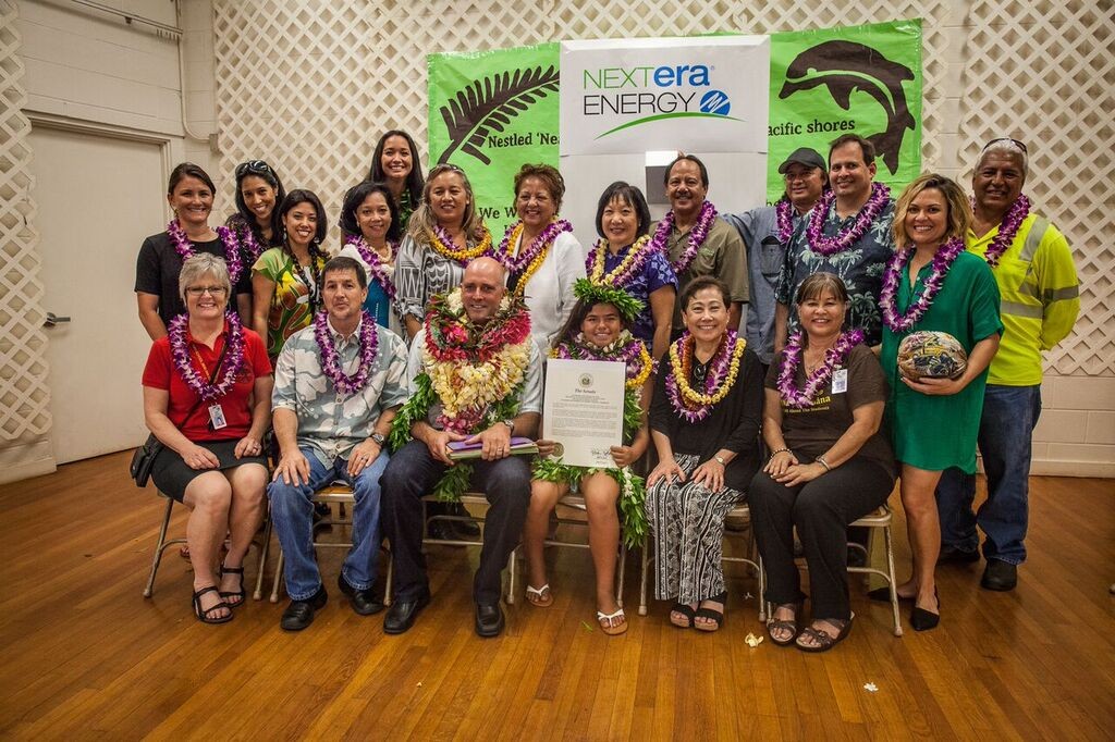 A celebration assembly was held Friday, April 8, at Kaunakakai Elementary to mark the completion of a hybrid solar air conditioning installation project. Sixth-grader and Student Council President Leonahemaikekaimalie Crivello was commended for helping the project become a reality. Photo credit: Kaipo Kiaha (Oiwi Television) via Hawaiʻi Department of Education.