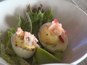 Lobster deviled eggs at Merriman's Kapalua. Photo by Kiaora Bohlool.