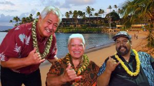 Masters of Hawaiian Music: George Kahumoku Jr., Richard Ho‘opi‘i and Kawika Kahiapo at Napili. MHM photo.