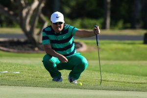 Jeff Moon lines up his putt on number eighteen during the playoff of the 2016 BMW Ultimate Challenge at Kāʻanapali Golf Resort Royal Course. April 30th, 2016. Photo credit: Aric Becker.
