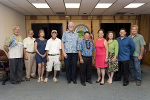 Makawao Parade Commitee: (left to right) John H. Tomoso, Michael Molina, Cherie Attix, Duane Hamamura, Barry Gay, Mayor Alan Arakawa, Yuki Lei Sugimura, Brenda Kualaau, Joshua Lindsey and Lee Youngflesh. Photo credit: Ryan Peros