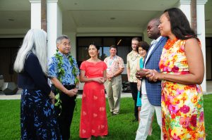 Gov. David Ige talks to representations from MEDB and Microsoft: (left to right) Leslie Wilkins, MEDB vice president; Gov. David Ige; Jeanne Skog, MEDB president and CEO; Ned Davis, MEDB chairman of the board; Todd Beard, Microsoft innovative educator fellow; Hawai‘i First Lady Dawn Amano-Ige; Cameron Evans, chief technology officer at Microsoft; and Celeste Alleyne, director of citizenship and public affairs at Microsoft. Photo credit: Casey Nishikawa