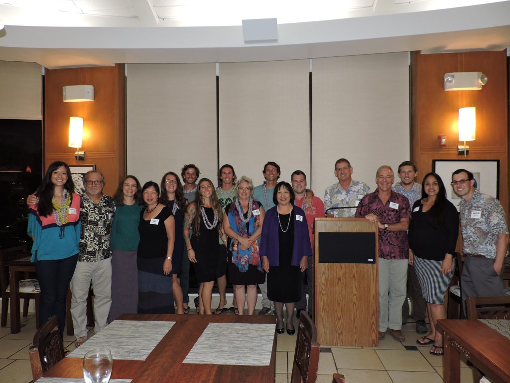 Celebrating students of sustainability on Maui, from front left, Terese Masters, Tim Botkin, Ferdouz Cochran, Kelly King, Marina Treese, Jeniffer Karraca, Alina Rhoades, Sharon Suzuki, Rob Parsons, Sulin Aipa and David Tester. From back left: Ignacio Roger, Nicolas Timpone, Brent Clifford, Pierre Parranto, Steve Parabicoli, and Jonathan Stenger.