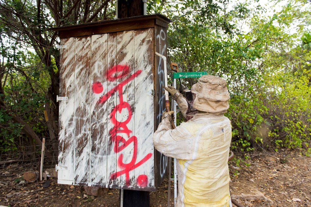 Beehive removal on a Civil Defense siren at Haycraft Beach Park in Māʻalaea. (6.2.2016) (Photo: Ryan Piros)