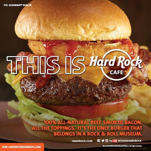The Legendary Burger™ – Certified Angus Beef® patty topped with smoked bacon, cheddar cheese, a golden fried onion ring, crisp lettuce and vine ripened tomato, served on a toasted brioche bun with Hard Rock’s seasoned fries. Burger is available to all first responders for $.71 Photo Courtesy.