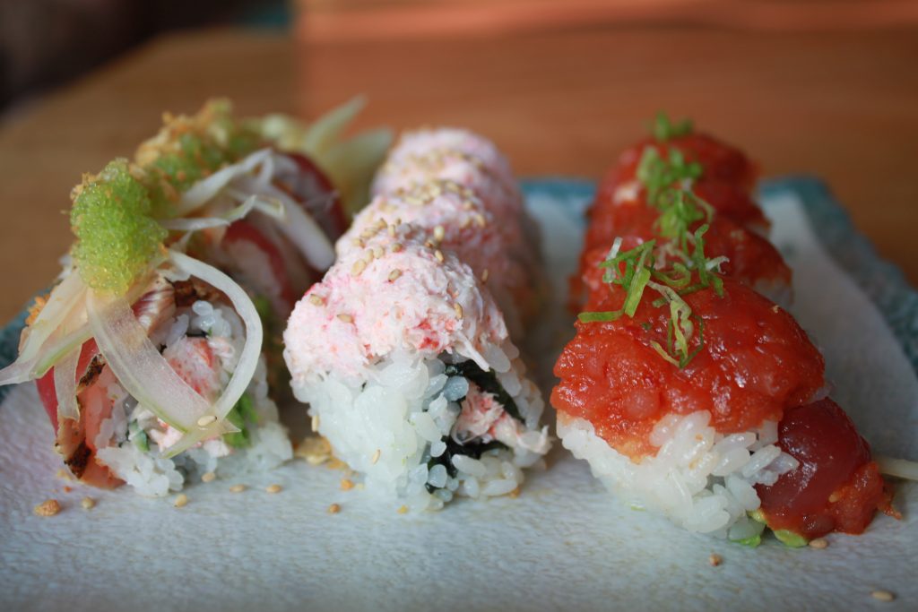 Japengo Maui's sushi trio in honor of International Sushi Day; featuring a California Roll, Spicy Tuna Roll and Blackened Ahi Roll for $24. Photo Courtesy.