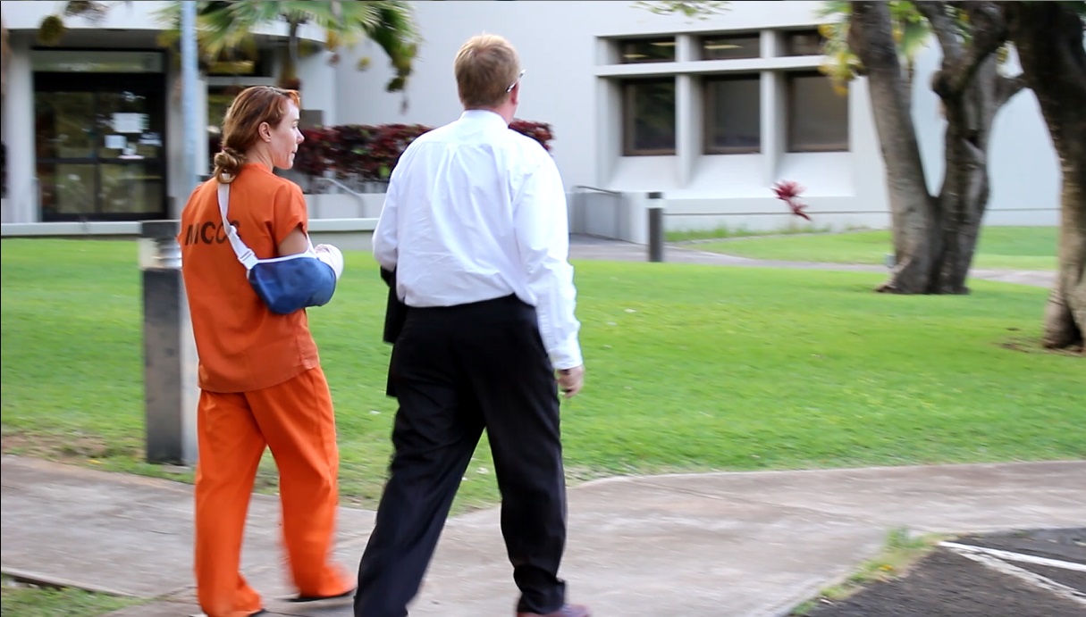 Alexandria Duval (Alison Dadow) (left) was released at the Maui Police Department Wailuku Station this evening. (6.8.16) She then proceeded to MCCC to pickup her belongings. Her attorney Todd Eddins is pictured here (right).
