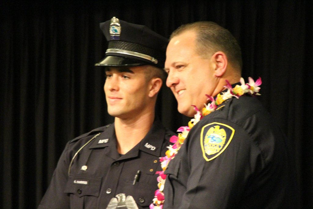 Korey Harris receiving the Sensei Shinichi Suzuki Arrest Defense Tactics Award. Maui Police Department 83rd Recruit Class and Emergency Services Dispatchers Graduation. Photo by Wendy Osher.