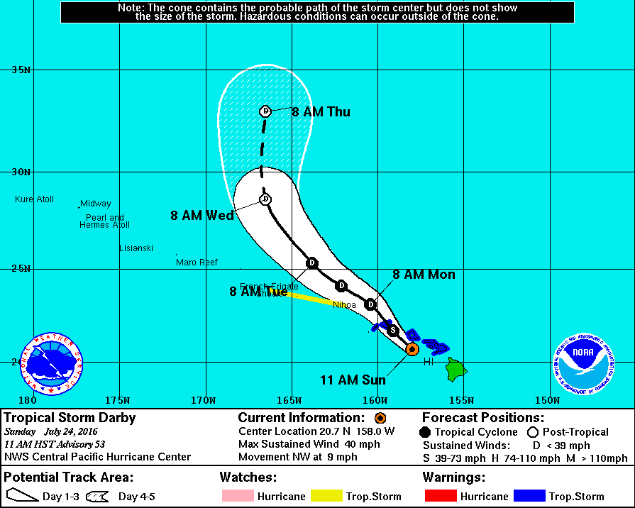 TS Darby 11 a.m. 7/24/16. Storm track. Image: NOAA/CPHC.