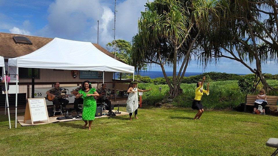 Maile Bryan, Wainani Kealoha, and Amy dance while Nevah Too Late performs. Photo courtesy Haleakalā National Park.