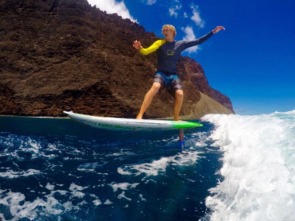 Connor Baxter using his foil board. Photo: via Connor Baxter GoPro