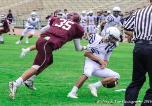 Baldwin High School's Nainoa Keahi sacks Kamehameha Kapalama quarterback Justice Young early in the second quarter Saturday. Photo by Rodney S. Yap.
