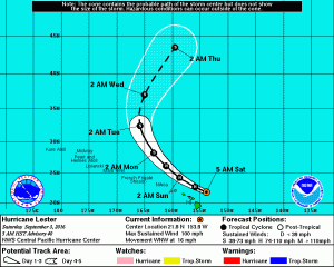 Lester remains a Category 2 Hurricane. Imagery shows the system's projected track as of 5 a.m. HST on 9.3.16. Background imagery courtesy NOAA/CPH/NWS.