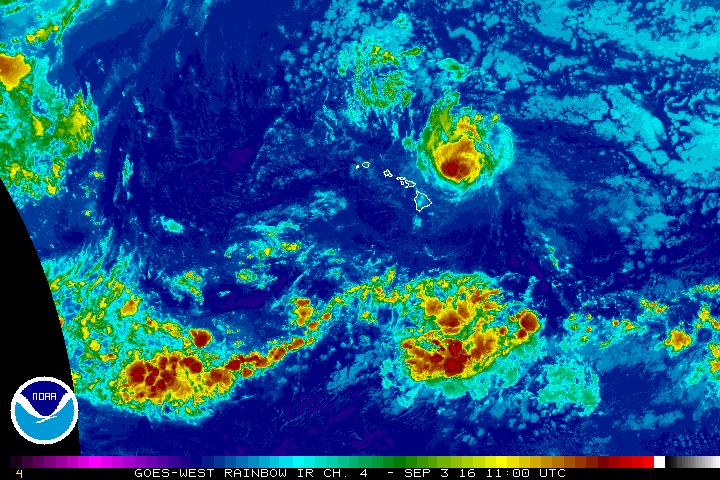 Lester is a Category 2 Hurricane. Satellite imagery shows the system at 1 a.m. HST on 9.3.16. Background imagery courtesy NOAA/CPH/NWS.