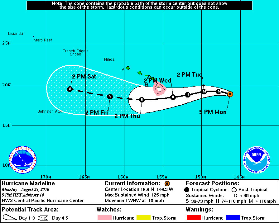 Madeline forecast track. Image NOAA/NWS/CPHC.