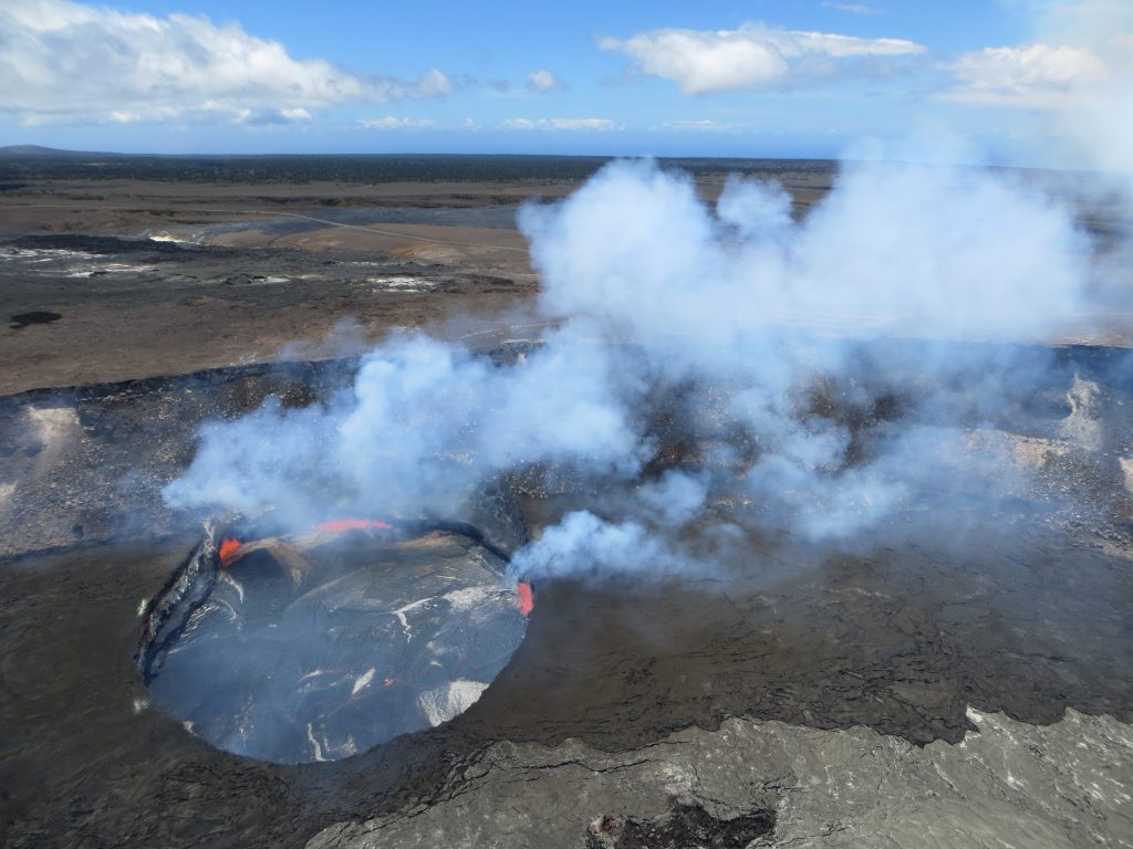 On Friday afternoon, three areas of spattering on the summit lava lake surface produced abundant volcanic gas emissions, one of the main hazards near the Halemaʻumaʻu Crater vent. Earlier this morning, spattering lava was visible from a safe distance at Jaggar Museum Overlook in Hawaiʻi Volcanoes National Park. Photo credit: USGS/HVO (7.29.16)