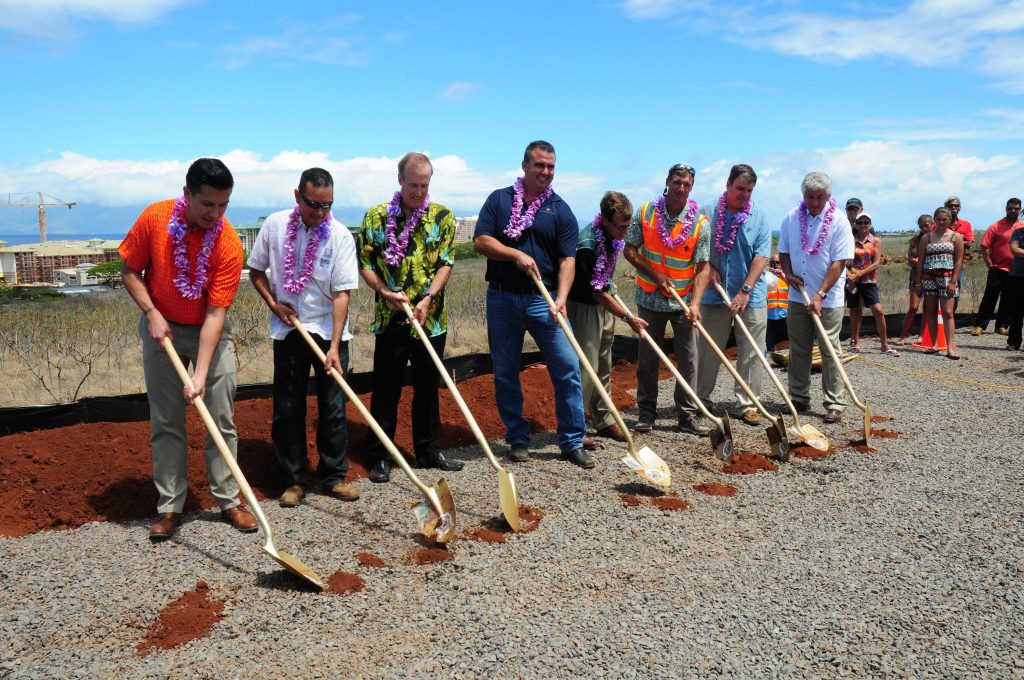 Development team break ground on the new hospital site in West Maui. Pictured left to right: Bryan Esmeralda (Munekiyo Hiraga); Garrett Tokuaka (ATA); Brian Hoyle (Newport Corporation) - hospital developer; Dan Blackburn (F&H Construction); Steve Lovelette (Kaanapali Land Management Corp.); Bo McKuin (Goodfellow Bros.); Charlie Slaton (Critical Access Healthcare); Gary Kelso (Mission Health Services)