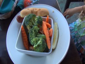Keiki hot dog and vegetables, available at Seascape Mā‘alaea Restaurant. Photo by Kiaora Bohlool.