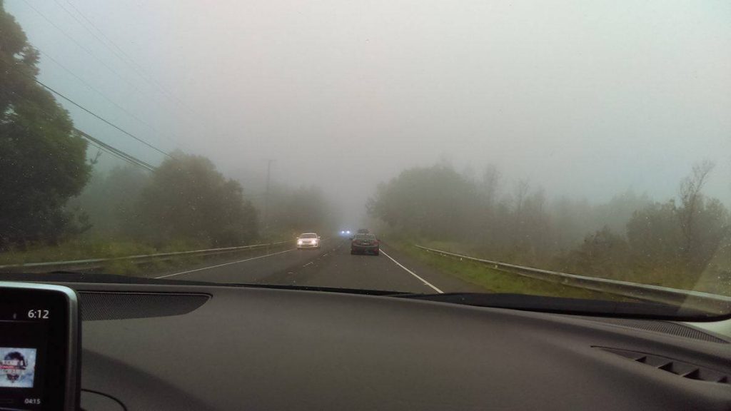 Fog in Kula just past Rice Park at 6:12 p.m. Very poor visibility reported with sight distance to oncoming cars around 4 seconds. Photo credit: Kristi Souza
