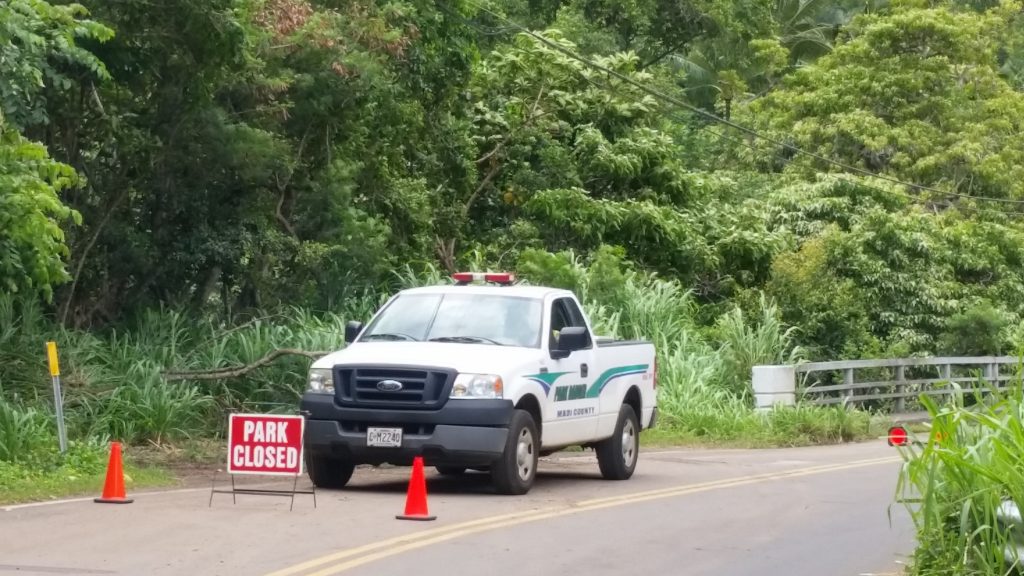 Rangers patrolling the entrance to Kepaniwai Park earlier in the week.