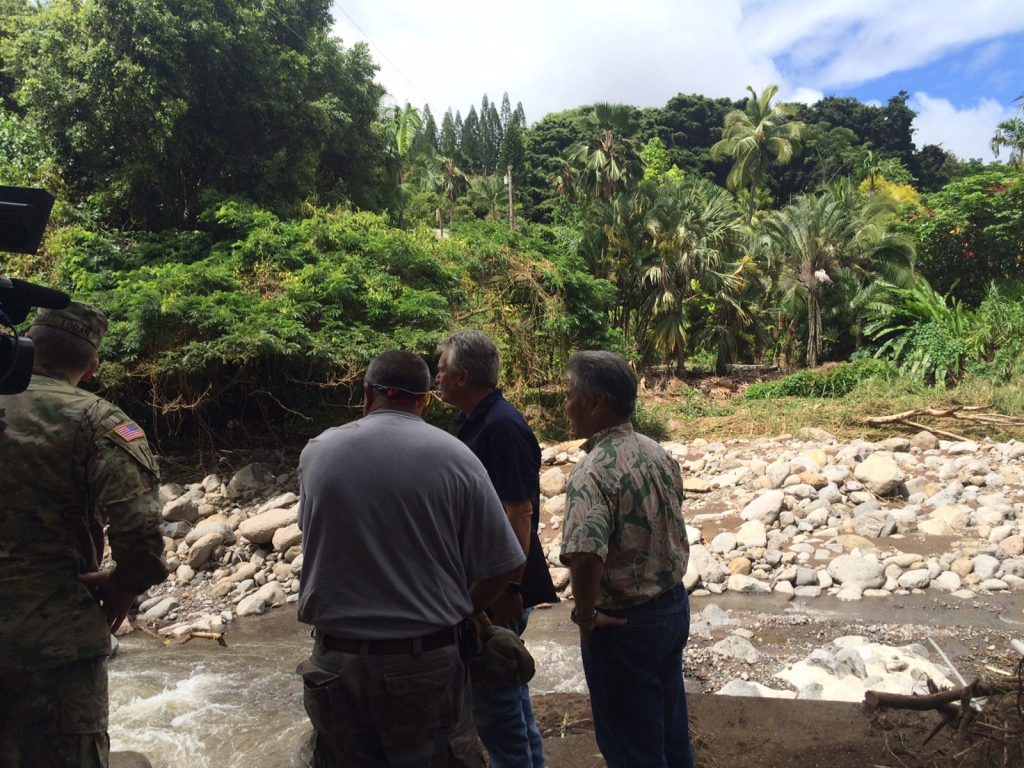 Governor to request Presidential Disaster Declaration for Public Assistance after surveying storm damage at Maui’s Wailuku River at ʻĪao Valley.