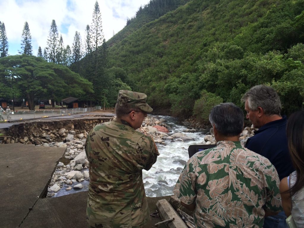 Governor to request Presidential Disaster Declaration for Public Assistance after surveying storm damage at Maui’s Wailuku River at ʻĪao Valley.