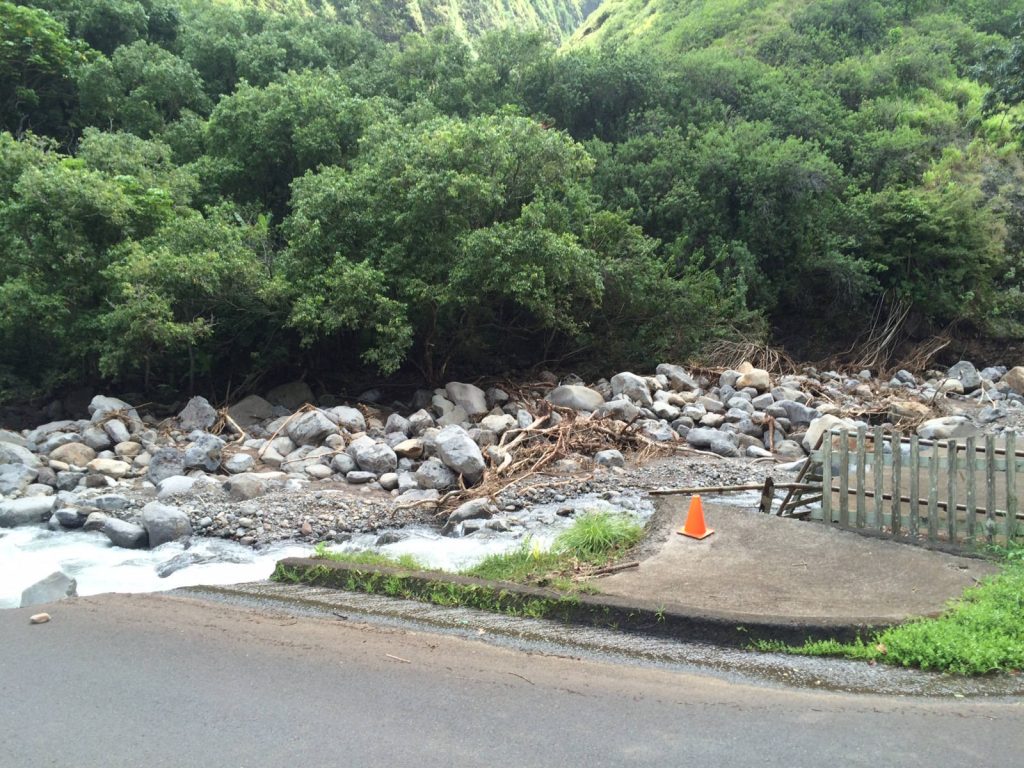 Governor to request Presidential Disaster Declaration for Public Assistance after surveying storm damage at Maui’s Wailuku River at ʻĪao Valley.