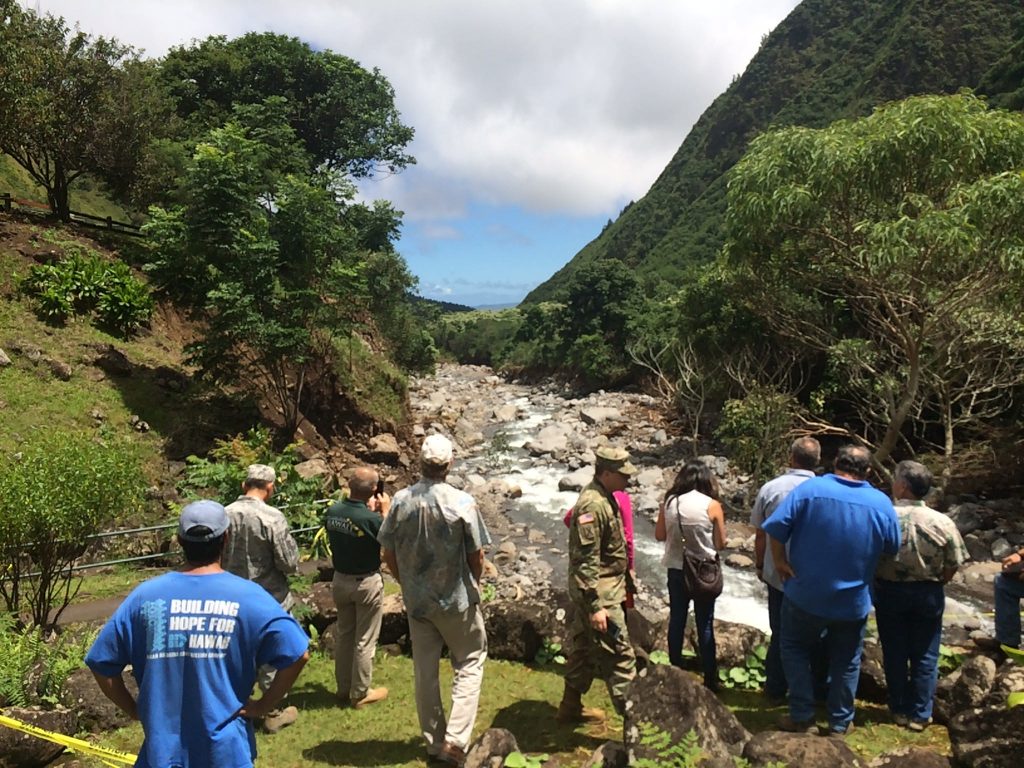 Governor to request Presidential Disaster Declaration for Public Assistance after surveying storm damage at Maui’s Wailuku River at ʻĪao Valley.