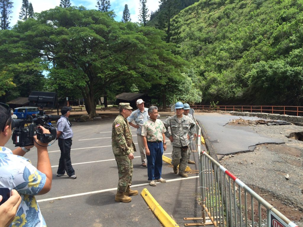 Governor to request Presidential Disaster Declaration for Public Assistance after surveying storm damage at Maui’s Wailuku River at ʻĪao Valley.