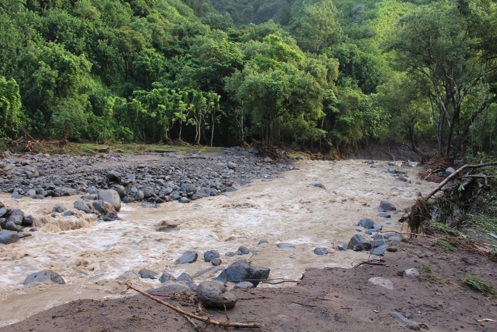ʻĪao Valley, erosion and flood debris from flash flood. PC: 9.14.16 by Wendy Osher.