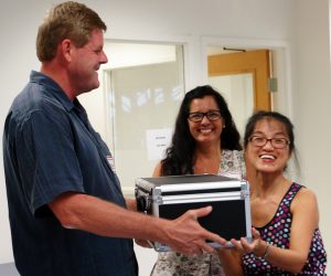 CPA and SCORE Maui's Counselor Richard Kehoe shows up with a box at the MBB's inaugural BiTT meeting on Sept. 13, 2016, at MRTC in South Kīhei." Image courtesy MBB