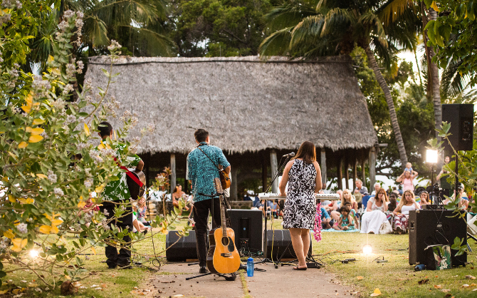 Trio of rising star musicians from Maui perform during Moku‘ula by Moonlight in Kamehameha Iki Park, Lahaina.