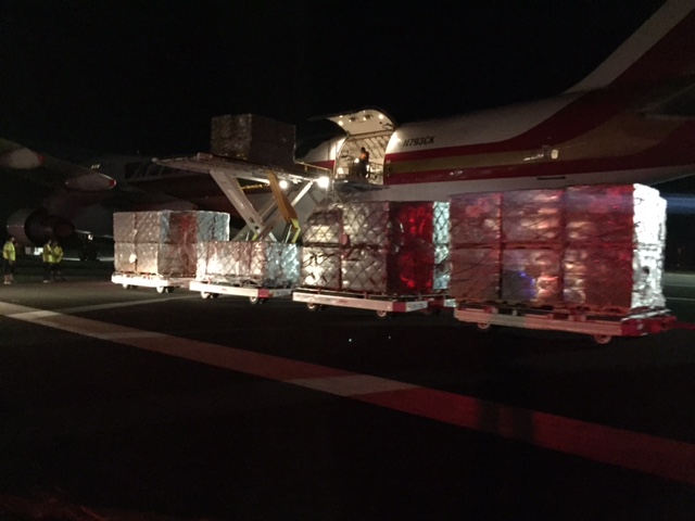 FEMA supplies arrive at Kahului Airport on Thursday night 9.1.16, ahead of Lester. PC: Jennifer Bormet