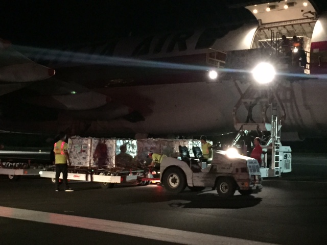 FEMA supplies arrive at Kahului Airport on Thursday night 9.1.16, ahead of Lester. PC: Jennifer Bormet