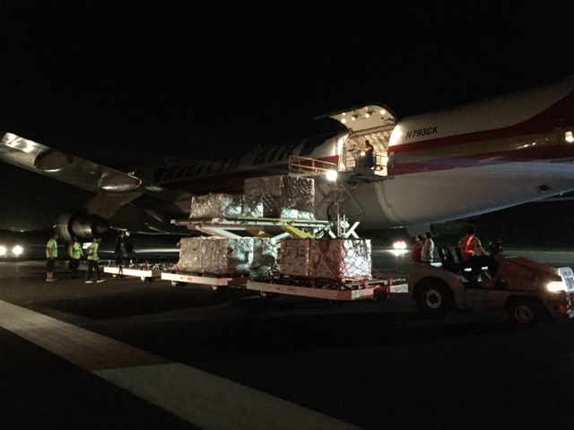 FEMA supplies arrive at Kahului Airport on Thursday night 9.1.16, ahead of Lester. PC: Jennifer Bormet