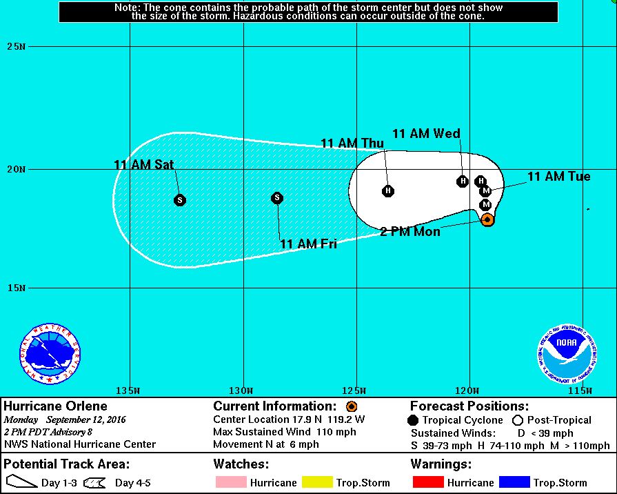 Orlene 5-day track as of 11 a.m. HST 9.12.16. Image: National Hurricane Center/NOAA/NWS