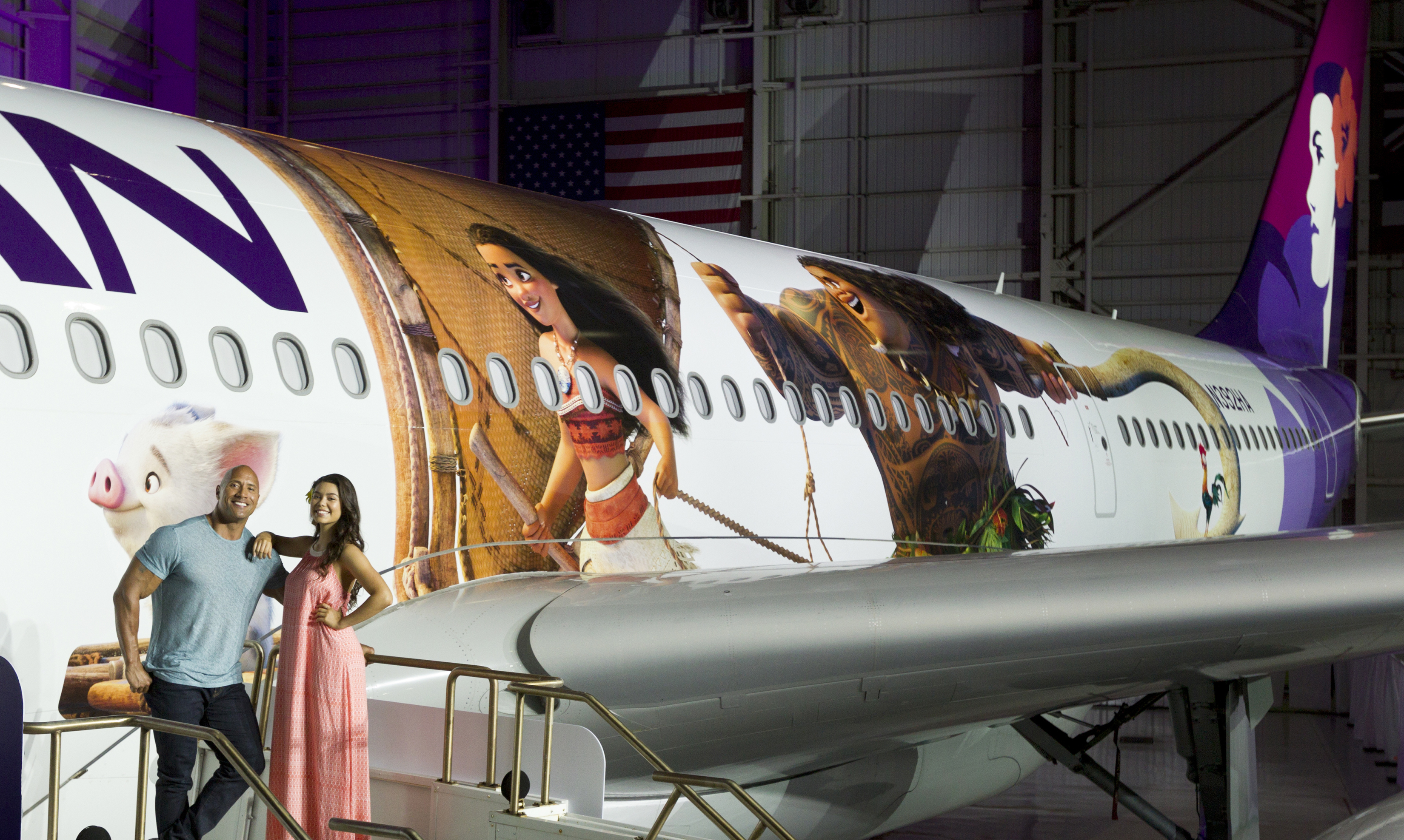 Hawaiian Airlines today revealed the first of three Moana-themed planes at its home base at Honolulu International Airport (HNL). Aulii Cravalho, the Hawai?i-born actress who is the voice of Disneys Moana, and Dwayne Johnson, the voice of demigod Maui, were among the first to see the inspiring new design. Photo by Donald Traill for Hawaiian Airlines
