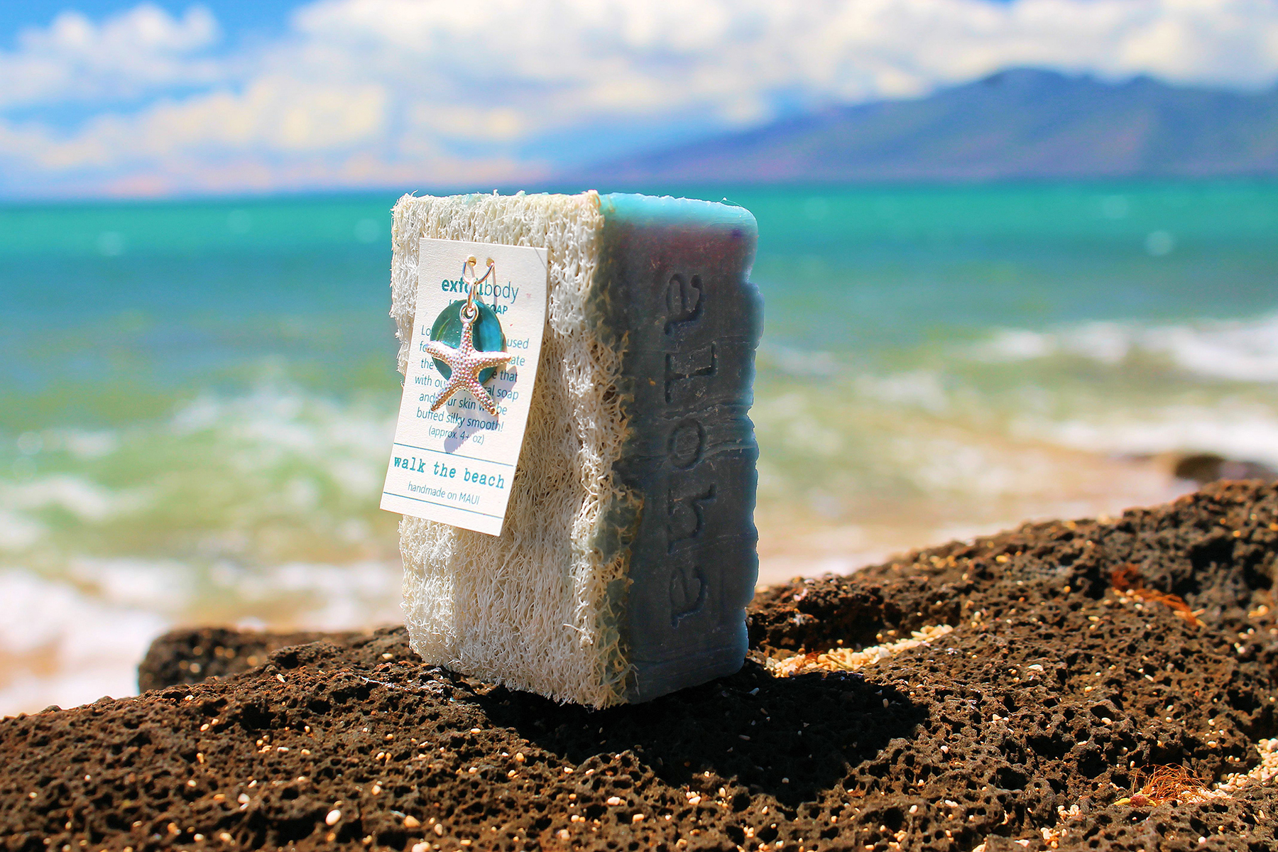 Exfolicare’s exfolibody® loofah soap, as featured on the www.MadeInMauiCounty.com website, is made from scratch with coconut, macadamia nut and olive oils.