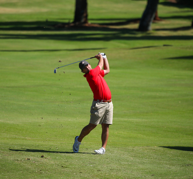 Greyson Sigg hits his approach shot on number ten during the final round of the 3rd annual Kaanapali Classic collegiate invitational. Kaanapali Royal Course Lahaina, Hawaii November 5th, 2016/ Photo by Aric Becker