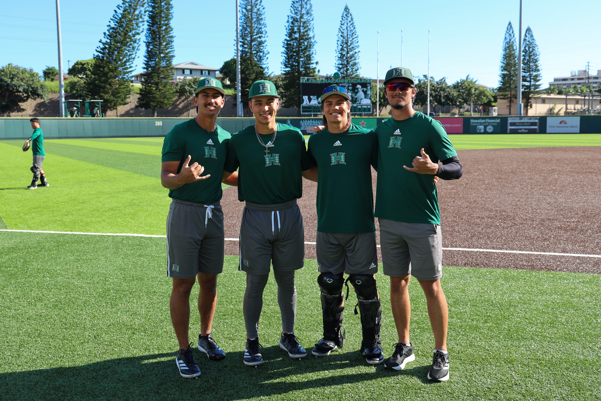 The four Maui Interscholastic League graduates who are members of the University of Hawai'i baseball team, from left, Ben Zeigler-Namoa, Konnor Palmeira, David Vergel de Dios and Dylan Waite. University of Hawai'i Athletic photo