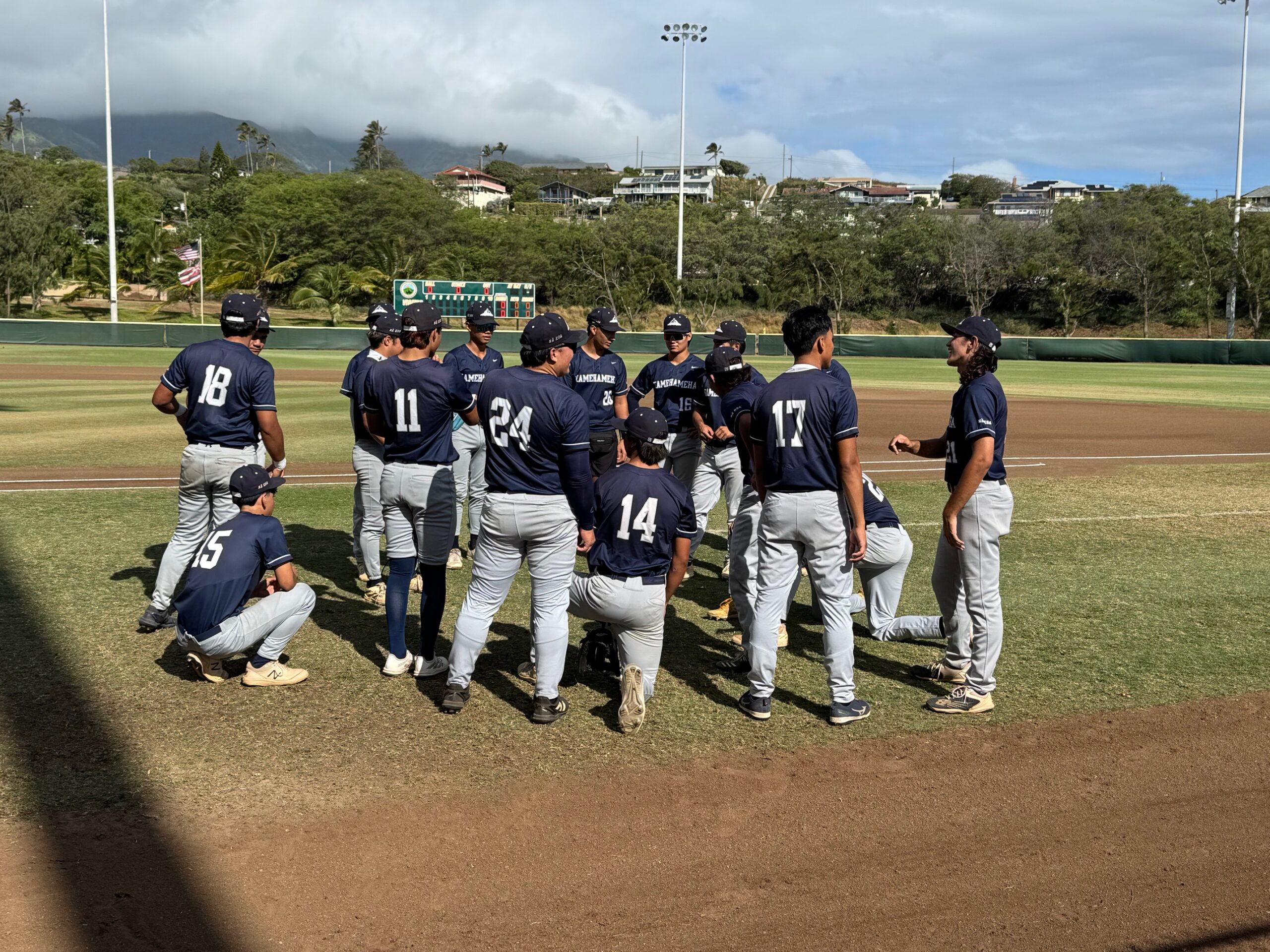 The Kamehameha Schools Maui baseball team prepares for its game Saturday against King Kekakulike at Maehara Stadium. HJI / ROB COLLIAS photo