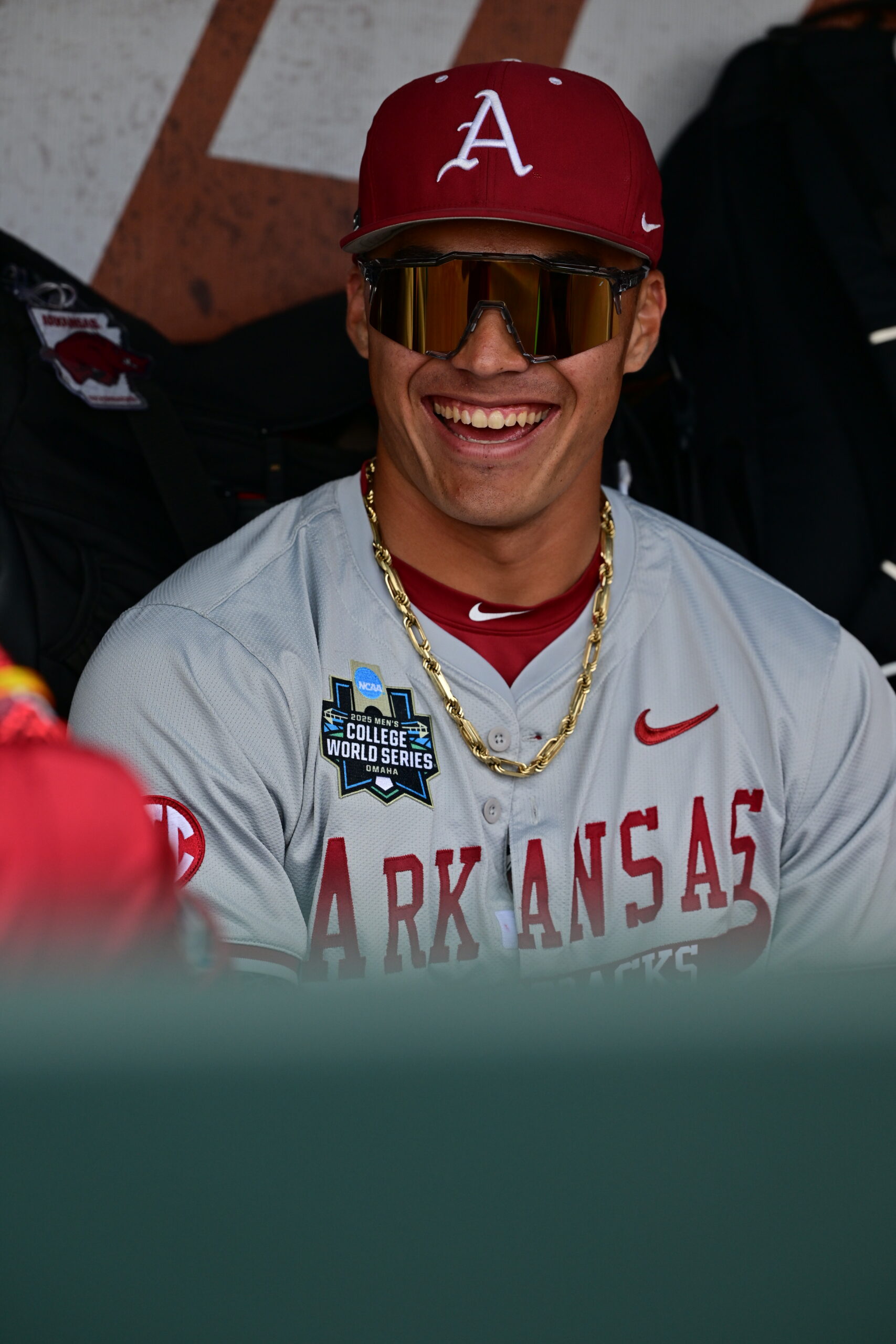 University of Arkansas shortstop Wehiwa Aloy is shown from the dugout during the Razorbacks' 6-5 loss to LSU on June 18, 2025. JACKSON LEICHNER / University of Arkansas Athletic Department photo