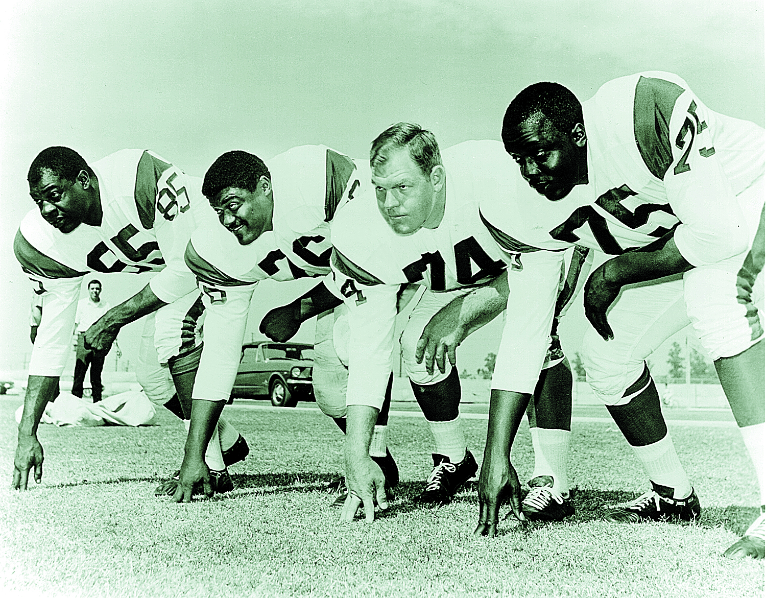 An archival image of the "Fearsome Foursome." From left, Lamar Lundy (85), Rosey Grier (76), Merlin Olsen (74) and Deacon Jones (75) of the Los Angeles Rams. Olsen and Jones were part of a trip to Maui for a youth camp in 1972. Los Angeles Rams Archive Photo