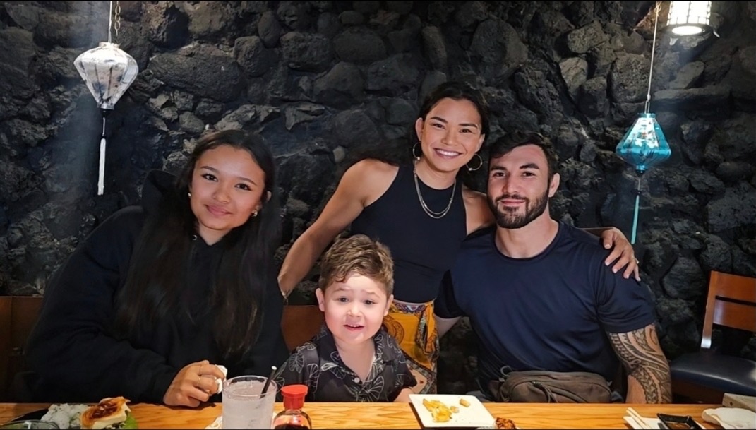 From left, 16-year-old Kiyarah-Lei Inaba-Engoring and 3-year-old Reign Rush take a photo at a recent dinner with mom Sumiko Inaba and dad Sean Rush. Photo courtesy of Sumiko Inaba